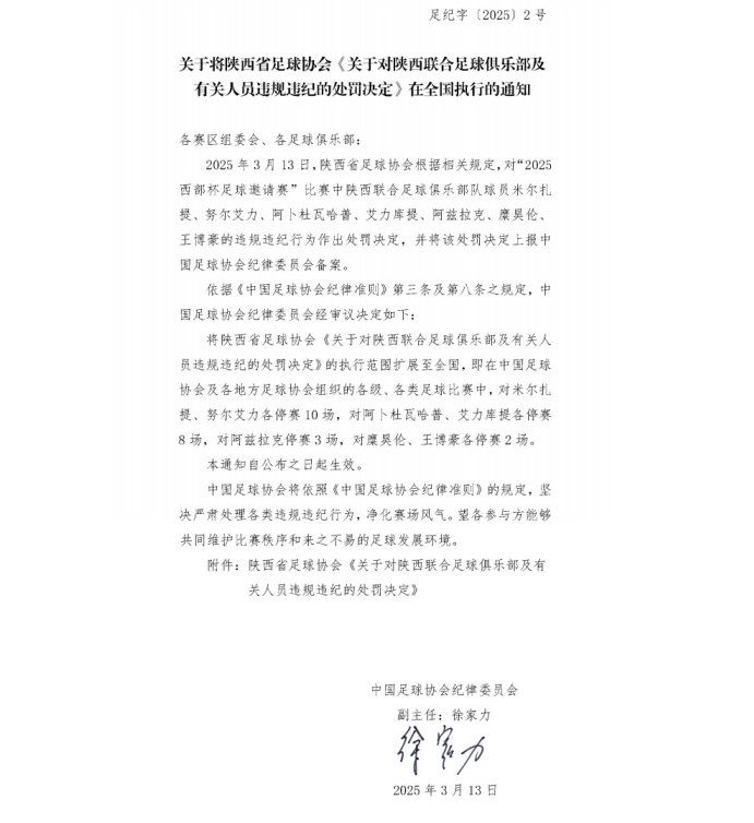 13人合計禁賽83場!官方:陜西&廣西兩隊處罰執行范圍擴大至全國