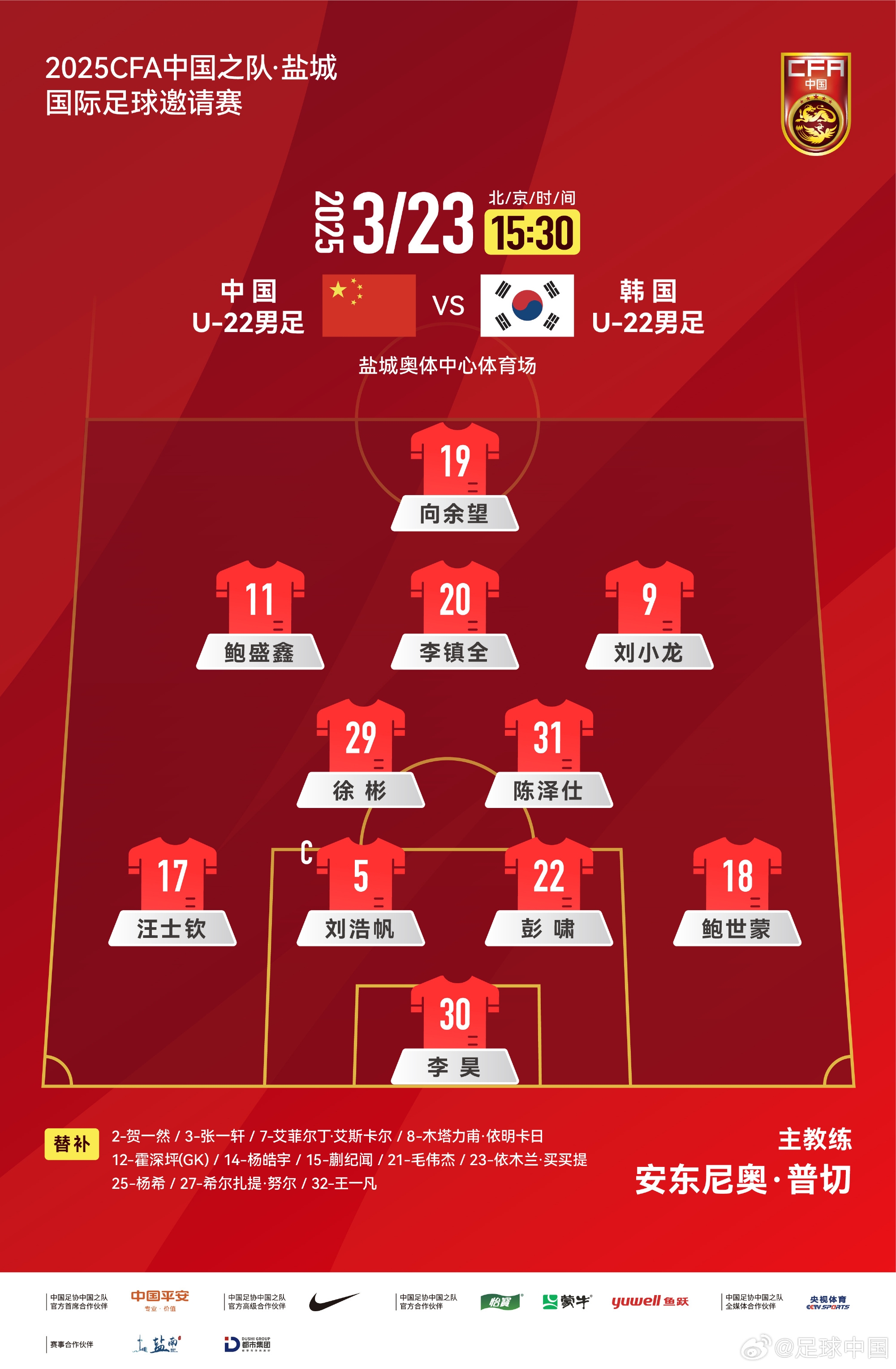 鹽城四國(guó)賽,中國(guó)U-22男足對(duì)陣韓國(guó)U-22男足,中國(guó)隊(duì)首發(fā)陣容
