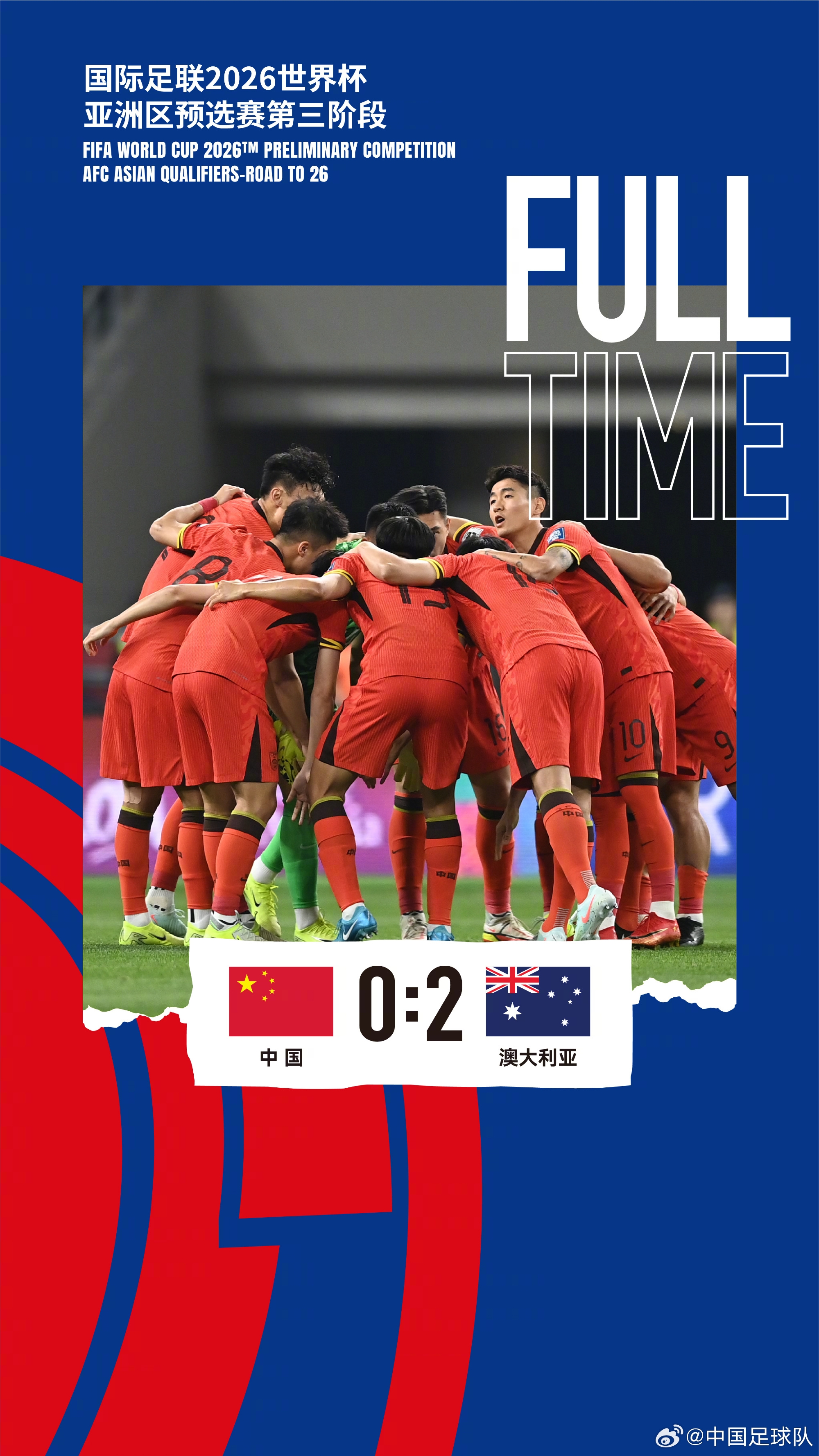 美加墨世界杯亞洲區預選賽第三階段第八輪,中國隊0-2澳大利亞隊