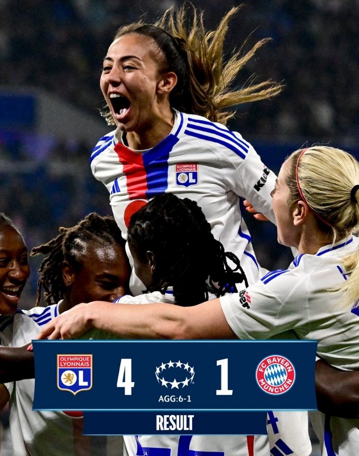 里昂女足4-1大勝拜仁女足,總比分6-1晉級(jí)女足歐冠半決賽