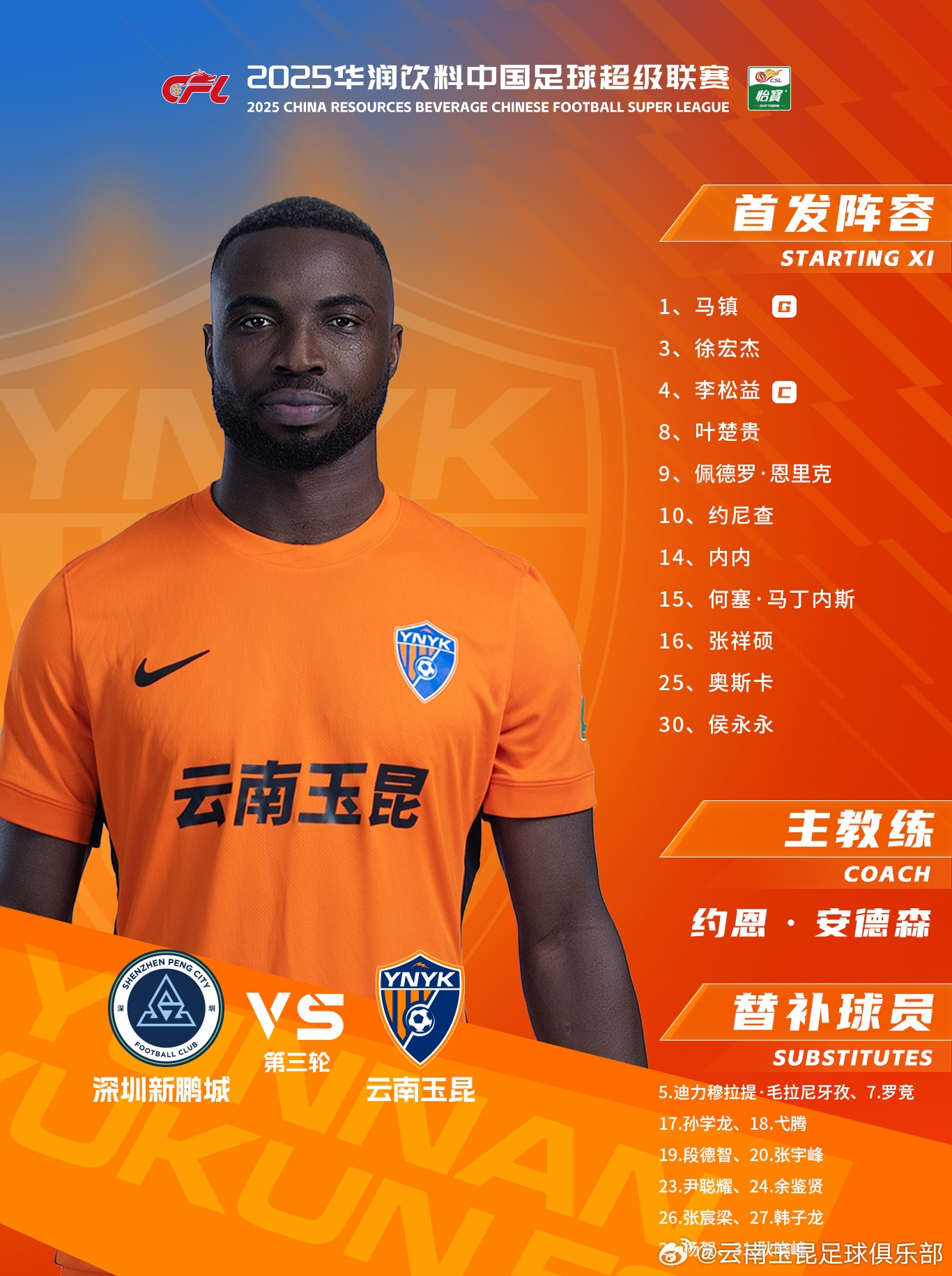 今日云南玉昆陣容出爐!