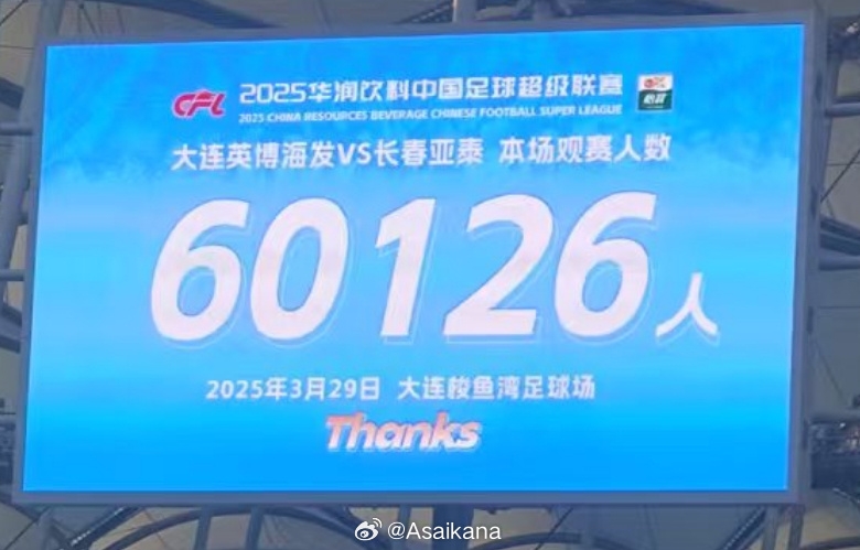 大連英博和長春亞泰吸引60126名觀眾現場觀戰,中超歷史排名第二
